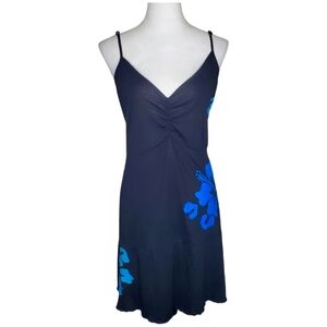 🦋Venus Black Spaghetti Strap Cerulean Blue Hibiscus Flower Dress